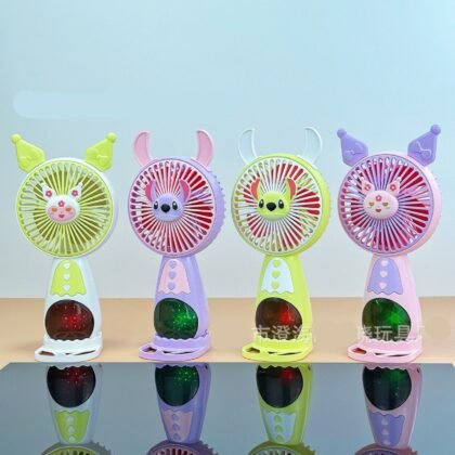 Cute Kawaii Theme Kids USB Hand Fan with Mobile Stand & Light | Compact & Portable | 21 Cm | Assorted Colors | Box Packing