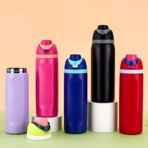 Colorful insulated water bottles with flip-top lids in various vibrant shades displayed on a pastel background
