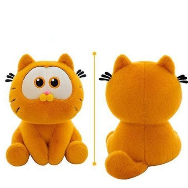 A side by side image showing the front and back of a soft, orange cartoon cat plush toy. The plushie has large, round eyes, a small yellow nose, and black whiskers and is made of a fluffy cuddly material.