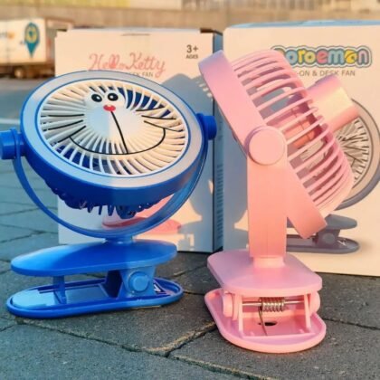 Rechargeable Clip On & Desk Fan with Light & USB Cable | 360 Degree Rotatable | Cartoon Theme Based | Portable | Assorted Colors | Box Packing