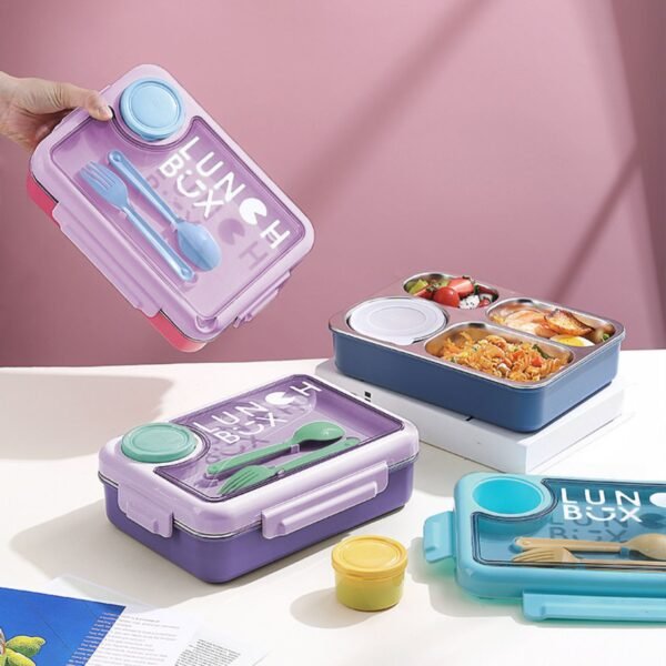 Stainless Steel Insulated Bento 4 Compartment Lunch Box with Sauce Bowl & Cutlery Set | 900+150 ML | Assorted Colors | Box Packing - Image 2
