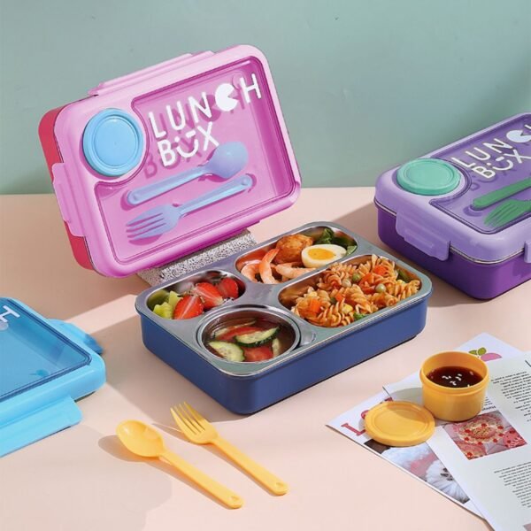Stainless Steel Insulated Bento 4 Compartment Lunch Box with Sauce Bowl & Cutlery Set | 900+150 ML | Assorted Colors | Box Packing - Image 3
