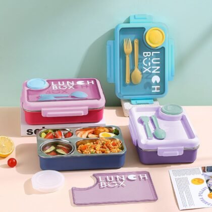 Stainless Steel Insulated Bento 4 Compartment Lunch Box with Sauce Bowl & Cutlery Set | 900+150 ML | Assorted Colors | Box Packing