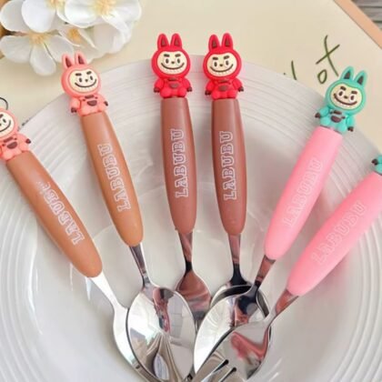 Stainless Steel Kawaii Spoon & Fork Set for Kids | Cutlery Set | Silicone Doll Head | Assorted Colors | Plastic Box Packing