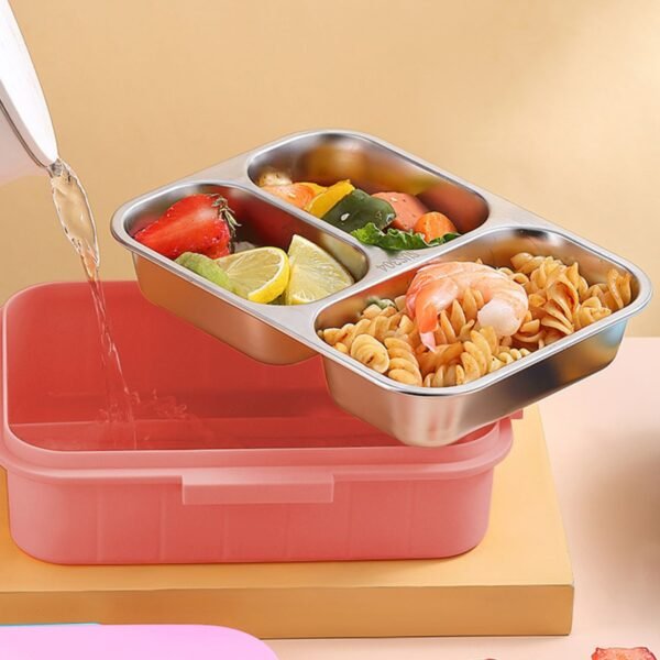 Stainless Steel Bento Lunch Box with Spoon & fork Set | 3 Compartment | Portable & Leakproof | 750 ML | Assorted Colors | Box Packing - Image 2