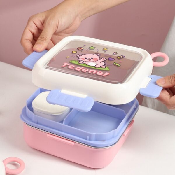 Stainless Steel Lunch Box with Sauce Bowl & Spoon | 3 Compartment | Cartoon Printed | Portable & Leakproof | Secure Lock | 1000 ML | Assorted Prints | Box Packing - Image 6