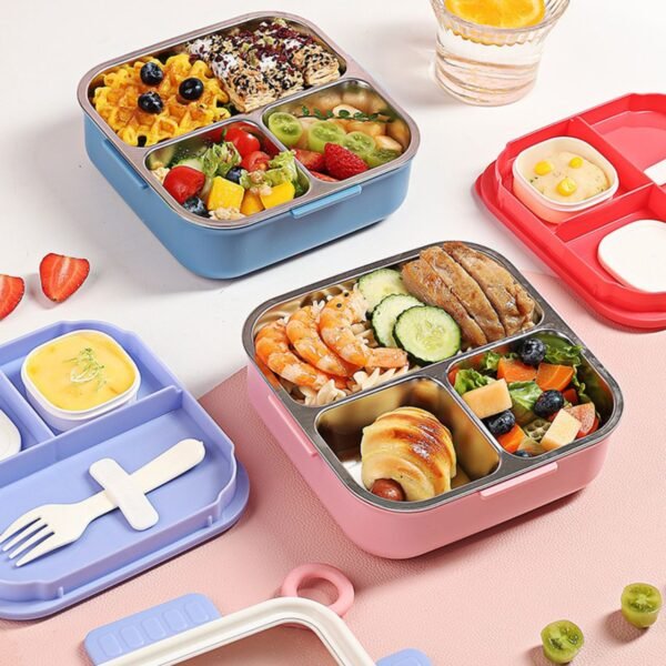 Stainless Steel Lunch Box with Sauce Bowl & Spoon | 3 Compartment | Cartoon Printed | Portable & Leakproof | Secure Lock | 1000 ML | Assorted Prints | Box Packing - Image 3