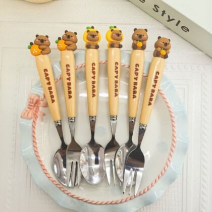 Stainless Steel Bear Theme Spoon & fork Set for Kids | Cutlery Set | Silicone Doll Head | Assorted Colors | Plastic Box Packing