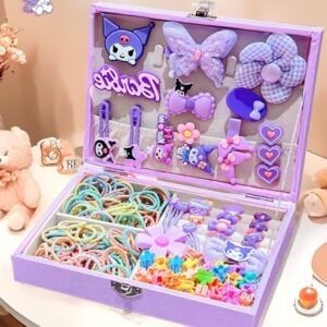 Cute Kawaii Hair Accessories set with purple gift box on decorative background