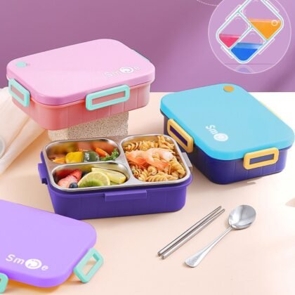 Stainless Steel Bento Lunch Box with Spoon & fork Set | 3 Compartment | Portable & Leakproof | 750 ML | Assorted Colors | Box Packing