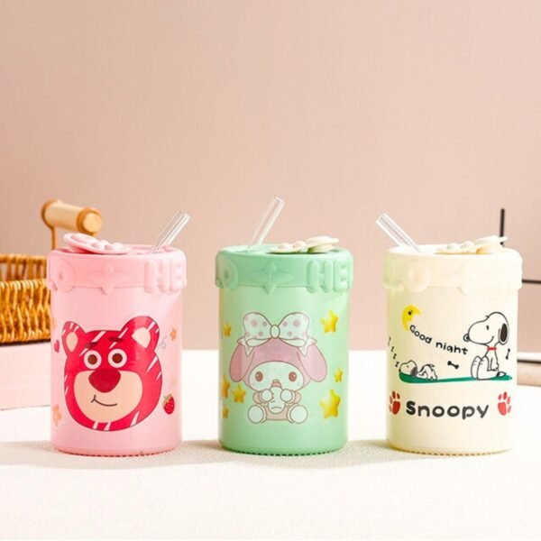 Cute Cartoon Printed Glass Sipper with Straw for Kids | Portable & Leakproof | 500 ML | Borosilicate Glass | Assorted Prints | Box Packing - Image 2