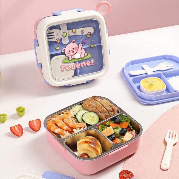 Stainless Steel Lunch Box with Sauce Bowl & Spoon | 3 Compartment | Cartoon Printed | Portable & Leakproof | Secure Lock | 1000 ML | Assorted Prints | Box Packing - Image 2