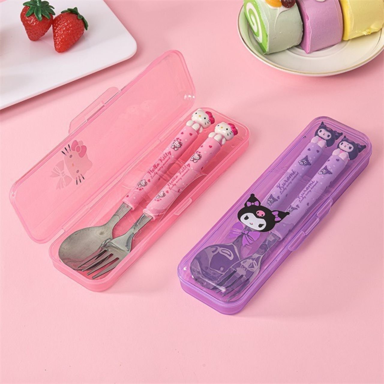 Stainless Steel Kawaii Spoon & Fork Set for Kids | Cutlery Set | 2pcs Set | Assorted Colors & Prints | Plastic Box Packing - Image 3