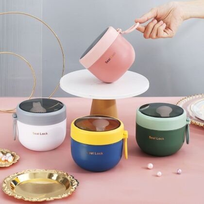 Stainless Steel Insulated Bowl with Foldable Spoon | Portable & Leakproof | Round Shape | 600 ML | Assorted Colors | Box Packing