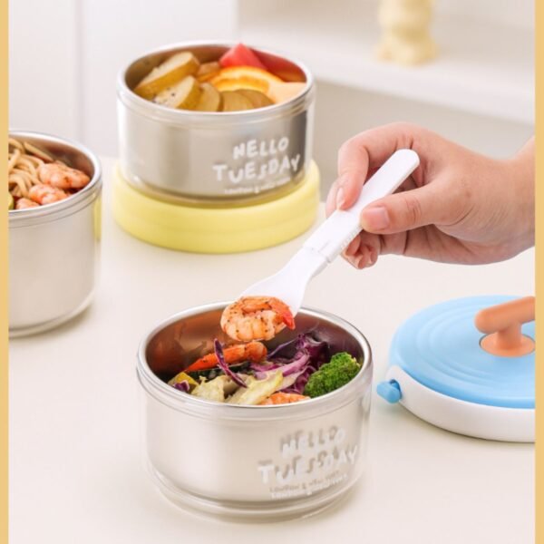 Stainless Steel Lunch Box with Foldable Spoon | Two Layer | Double wall Insulation | Portable & Leakproof | 1280 ML | Assorted Colors | Box Packing - Image 3