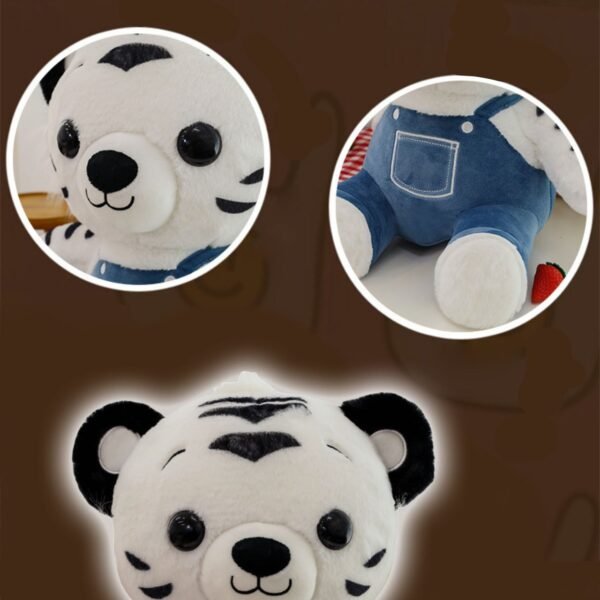 White tiger plush toy with black stripes, shown in three views: face, body in denim overalls, and head close-up.