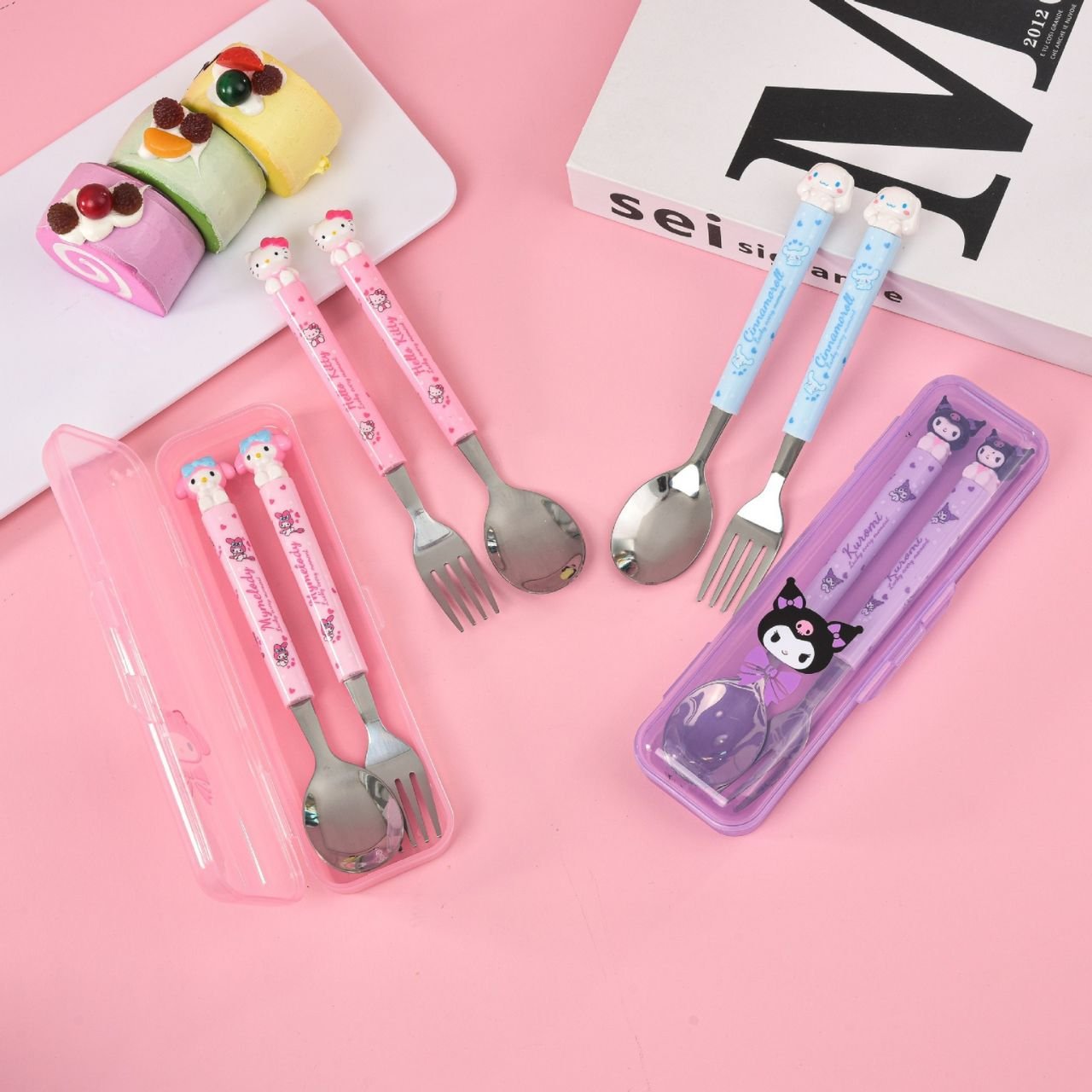 Stainless Steel Kawaii Spoon & Fork Set for Kids | Cutlery Set | 2pcs Set | Assorted Colors & Prints | Plastic Box Packing - Image 4
