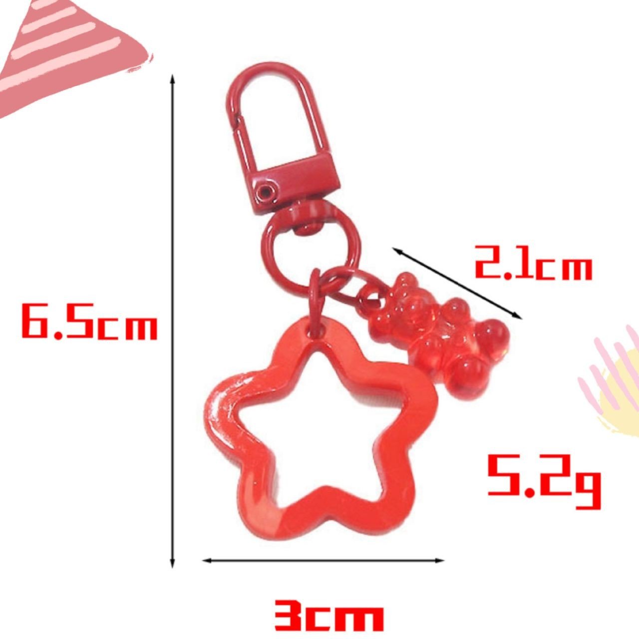 Red star and gummy bear keychain with white text showing product dimensions and weight: 6.5 Cm total length, 3 cm star width and 5.2 g weight.
