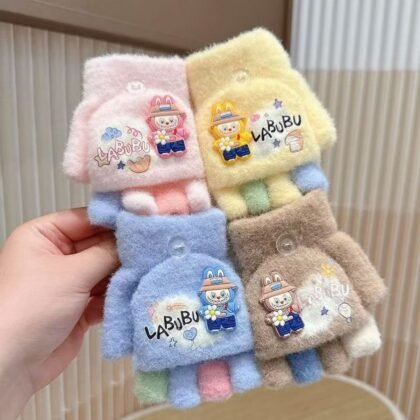 3D Cartoon Print Plush Hand Gloves with Mitten Flap for Kids | Half Finger Gloves | Keeps Warm | Assorted colors | OPP Packing