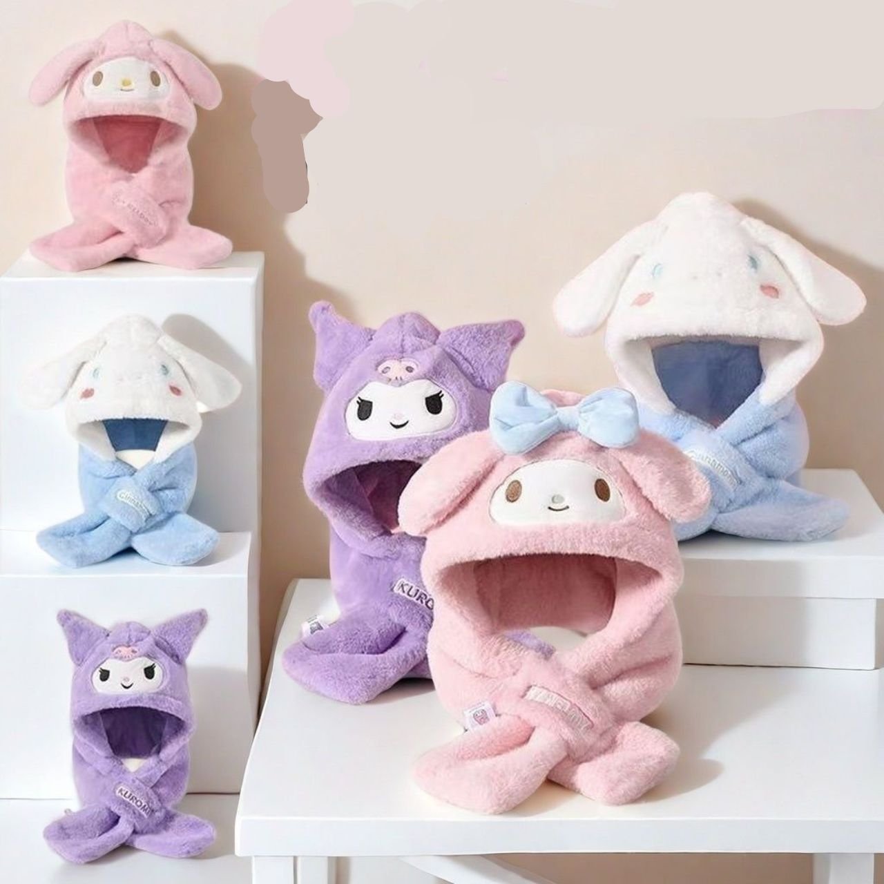 Cute Kawaii Theme Hat Scarf for Kids | Warm & Windproof | Faux Fur & Wool | 63 Cm | Assorted Colors | OPP Packing