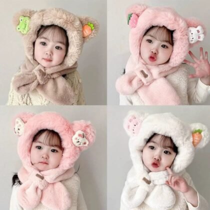 Polyester Cute Winter Hat Scarf Set for Kids | Warm & Windproof | Faux Fur | 85 Cm | Assorted Colors | OPP Packing