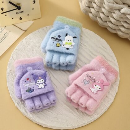 3D Cartoon Print Kawaii Kids Winter Gloves with Mitten Flap | Half Finger Gloves | Wool | Keeps Warm | 13×10 Cm | Assorted colors | OPP Packing