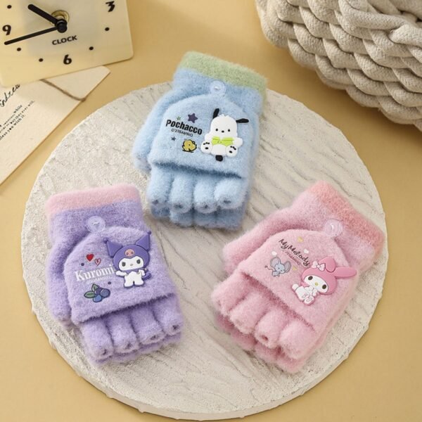 3D Cartoon Print Kawaii Kids Winter Gloves with Mitten Flap | Half Finger Gloves | Wool | Keeps Warm | 13×10 Cm | Assorted colors | OPP Packing