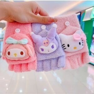 Kawaii Theme Kids Winter Hand Gloves with Mitten Flap | Half Finger Gloves | Wool | Keeps Warm | 14.5×11 Cm | Assorted colors | OPP Packing