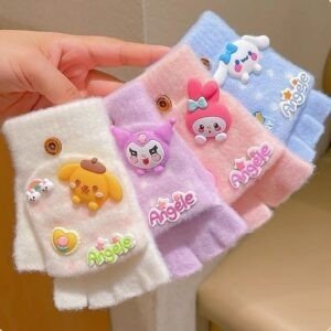 Kawaii Theme Kids Winter Hand Gloves with Mitten Flap | Half Finger Gloves | Wool | Keeps Warm | 12.5x7 Cm | Assorted colors | OPP Packing
