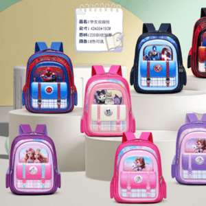 14" Oxford fabric 3D Hardcase kids school bag podium on decorative background. Different character and colors