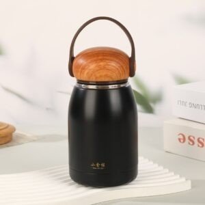 Stainless Steel Small Vacuum Insulated Thermos Flask | with Wooden Cap & Handle | 300 ML | Leakproof & Portable | Assorted Colors | Box Packing