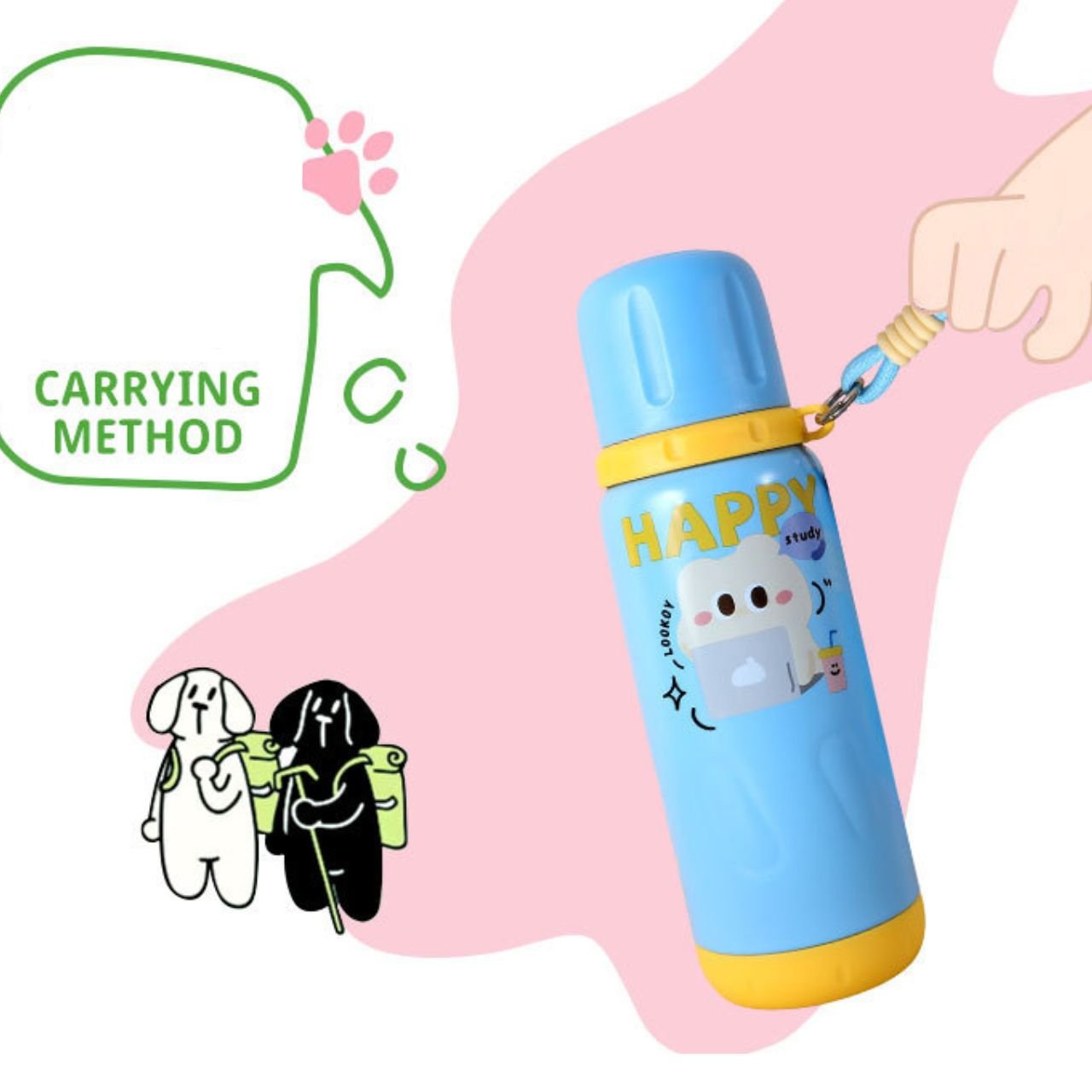 Stainless Steel Kids Sipper with Carry Band | Double wall Insulation | Portable & Leakproof | Printed | 600 ML | Assorted Colors | Box Packing - Image 3