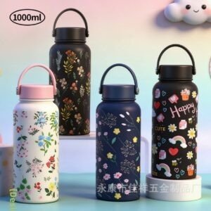 Stainless Steel Water Bottle with Handle | Double Wall Insulation | Portable & Leakproof | Floral Print | 1000 ML | Assorted Colors & Prints | Box Packing