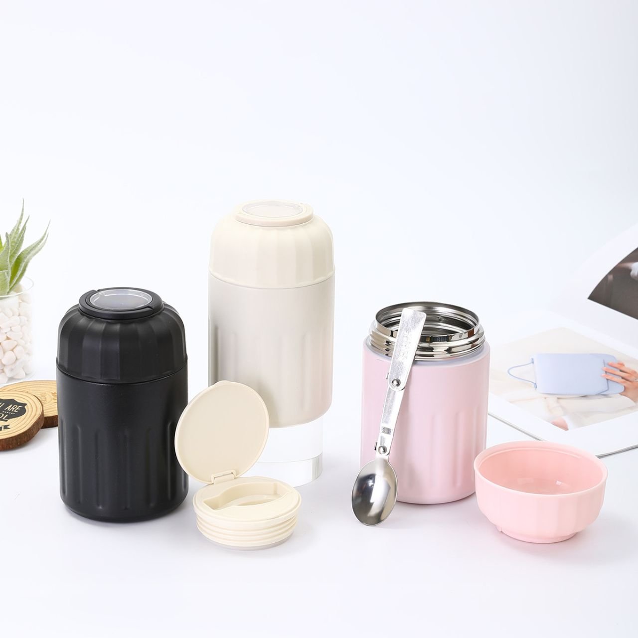 Stainless Steel Double Wall Food Bowl with Folding Spoon | Portable & Leakproof | Round Shape | 600 ML | Assorted Colors | Box Packing