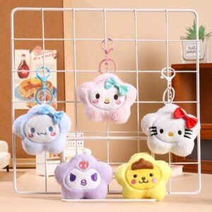Assorted colors cute kawaii style sanrio family plush toy keyring on decorative background