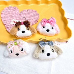Cute Bow Tie Puppy Plush Toy Keyring, assorted characters and colors on decorative background