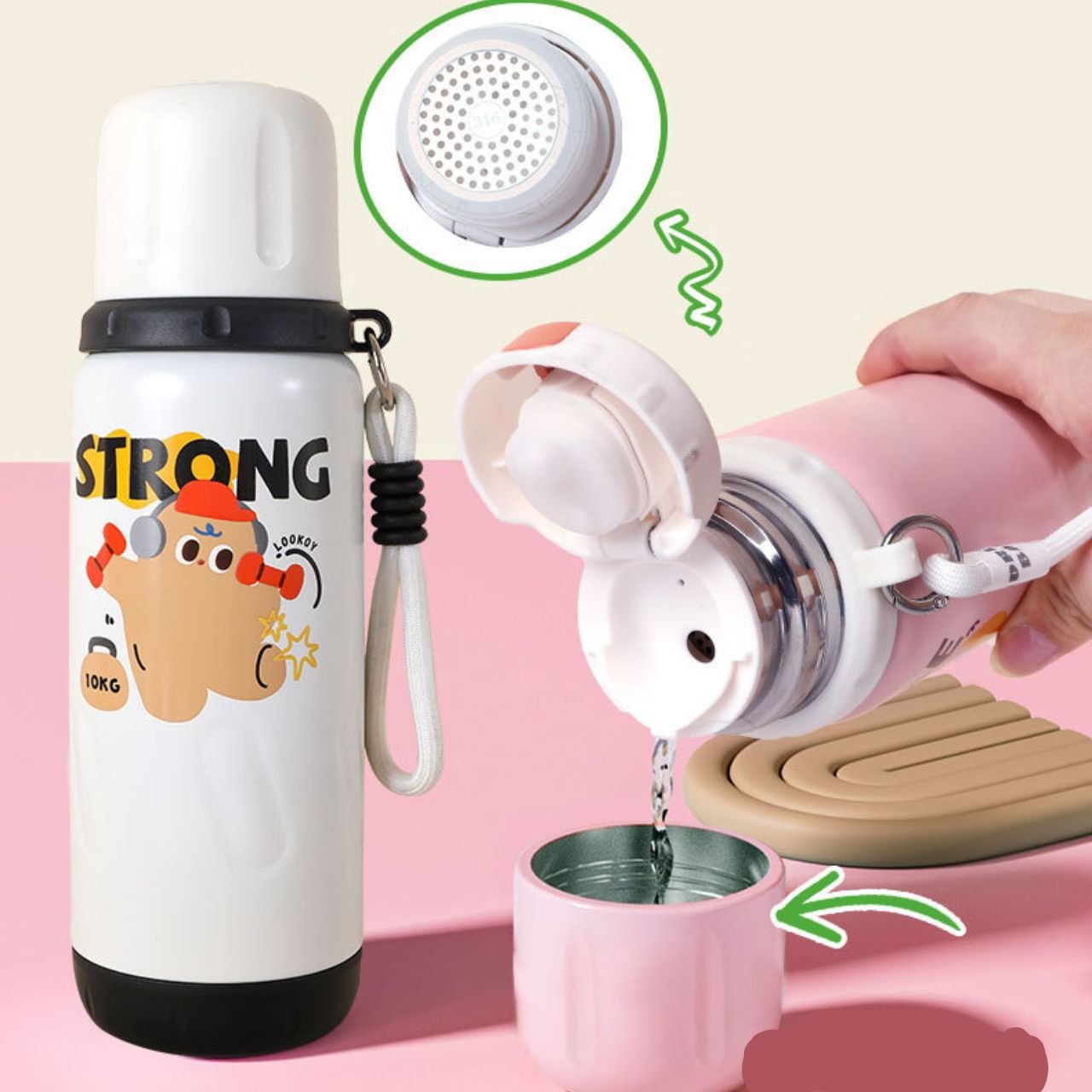 Stainless Steel Kids Sipper with Carry Band | Double wall Insulation | Portable & Leakproof | Printed | 600 ML | Assorted Colors | Box Packing - Image 6