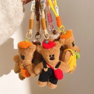 Assorted colors Mr. Bean Bear plush toy keychain with lanyard holding hands