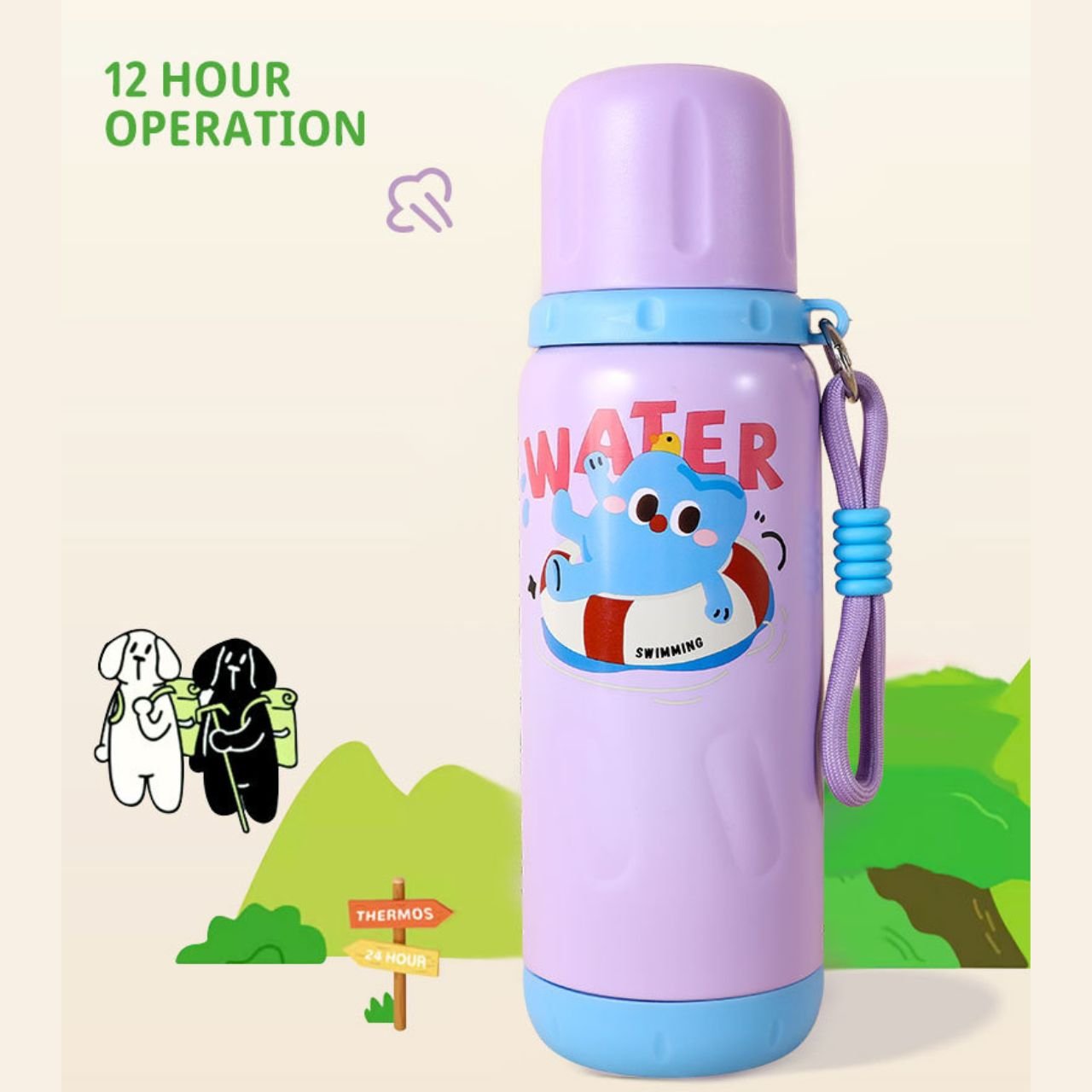 Stainless Steel Kids Sipper with Carry Band | Double wall Insulation | Portable & Leakproof | Printed | 600 ML | Assorted Colors | Box Packing - Image 2