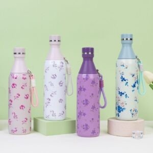 Stainless Steel Water Bottle with Carry Band | Double Wall Insulation | Portable & Leakproof | Floral Print | 500 ML | Assorted Colors & Prints | Box Packing
