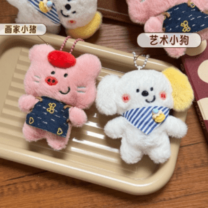 Pepa pig bib dog plush toy keychain with bag charm on decorative background