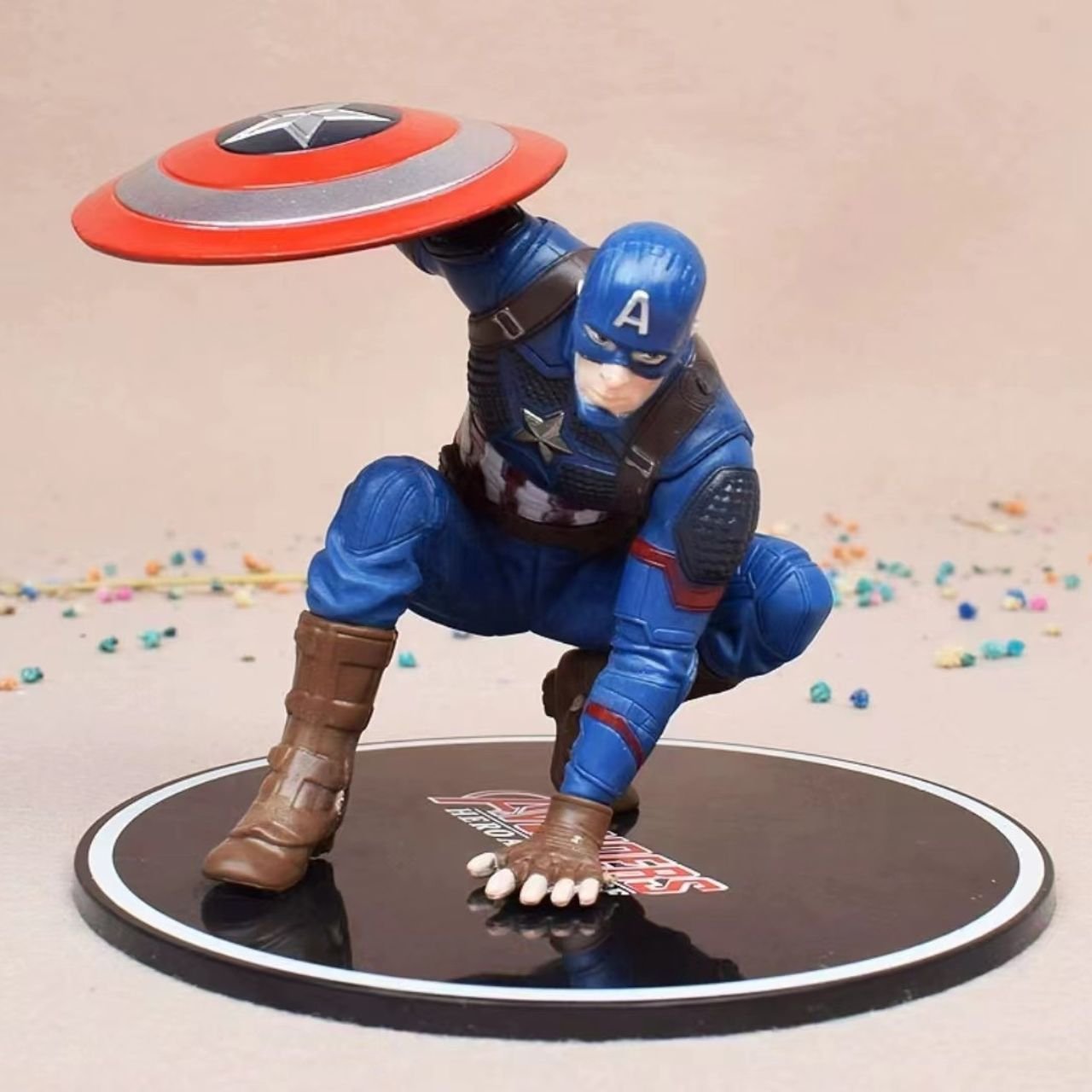 Caption America Action Figure with Shield | PVC Anime Collectible | Round Base | Decorative Item | 10 Cm | Box Packing