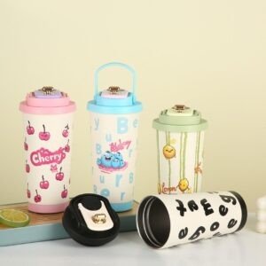 Stainless Steel Cute Kawaii Tumbler with Temperature Display | Printed & Handle | Double Wall Insulation | Leakproof | 800 ML | Assorted Colors | Box Packing