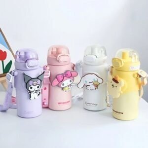 Stainless Steel Insulated Kawaii Bottle for Kids with Sipper & Belt | Portable & Leakproof | Push Lock Button | Cartoon Character | 460 ML | Assorted Colors | Box Packing
