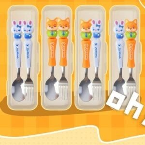 Stainless Steel Kids Spoon & Fork Set | Cute Cartoon Printed | Soft Grip Handle | Character Head | 20*5.5 CM | Assorted Colors | Plastic Box Packing |
