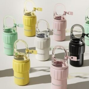 Stainless Steel Thermos Coffee Mug with Handle & Strap | Portable & Leakproof | Double Wall Insulation | Wide Mouth | 500 ML | Assorted Colors | Box Packing