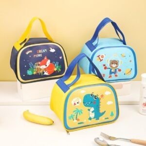 Oxford fabric Portable Insulated Lunch Bag with Handle | Cartoon Print | Zip Closure | 23*17*19 Cm | Assorted Colors | OPP Packing