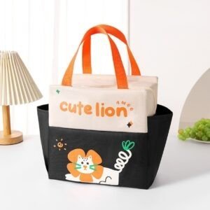 Cartoon Printed Insulated Lunch Bag with Handle | Oxford Fabric & Portable | Zip Closure & Bottle Holder | 25*14*25 Cm | Assorted Colors | OPP Packing