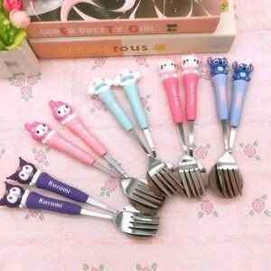 Stainless Steel Cutlery Set | Cute Kawaii Prints | Soft Grip Handle | Spoon & Fork | 2 Pieces Set | Gift Set | Assorted Colors | Plastic Box Packing