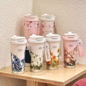 Stainless Steel Coffee Mug with Carry Band | Double Wall Insulated | Flower Print | Portable & Leakproof | 500 ML | Assorted Colors | Box Packing